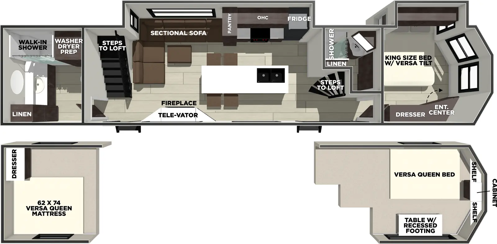 The Wildwood Lodge 42ZEN floorplan has two entries and two slide outs. Exterior features include: fiberglass exterior. Interiors features include: loft, front bedroom and rear bathroom.